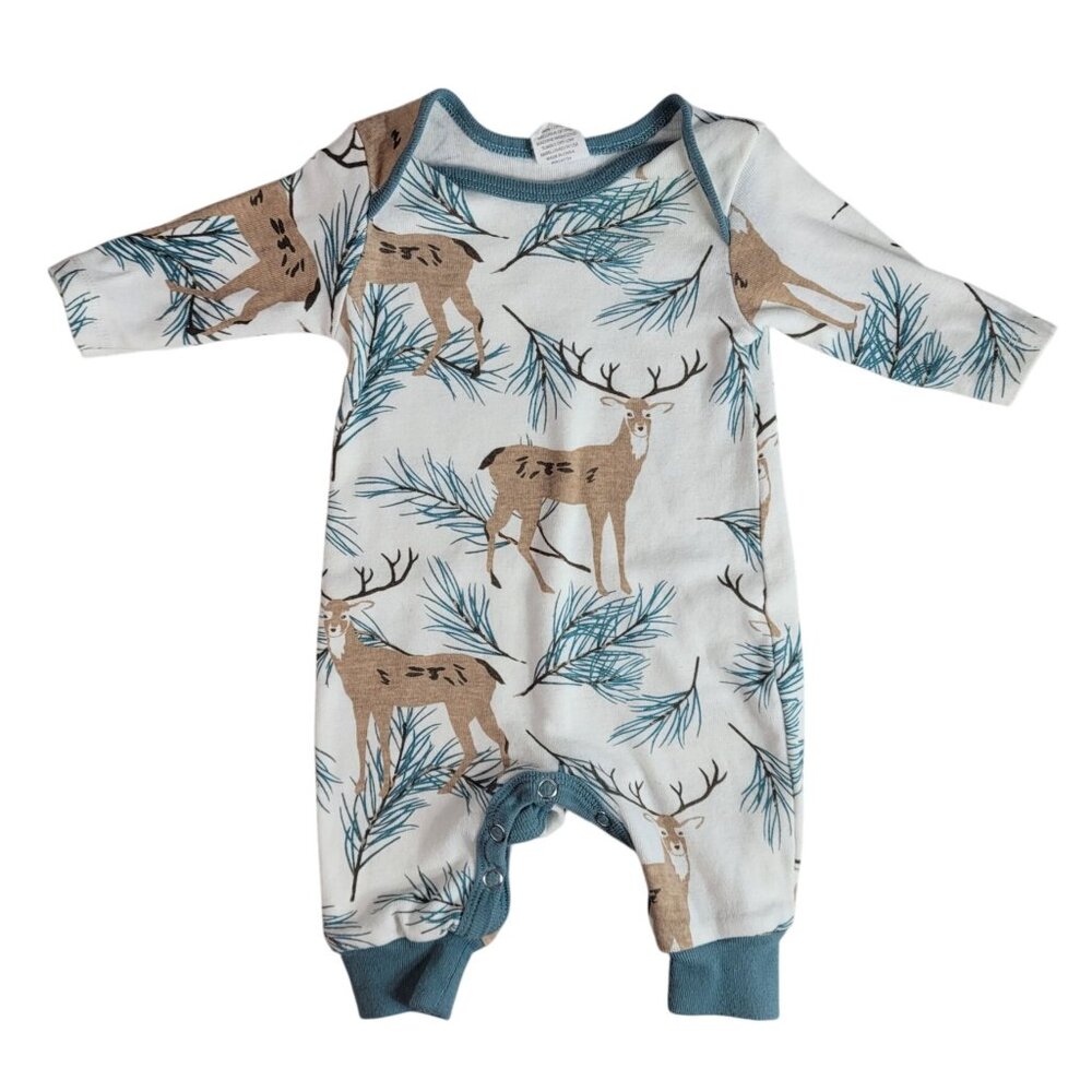 Tesa Babe Romper One Piece Green 0-3M Deer Pine 100% Cotton Long Sleeve Snaps